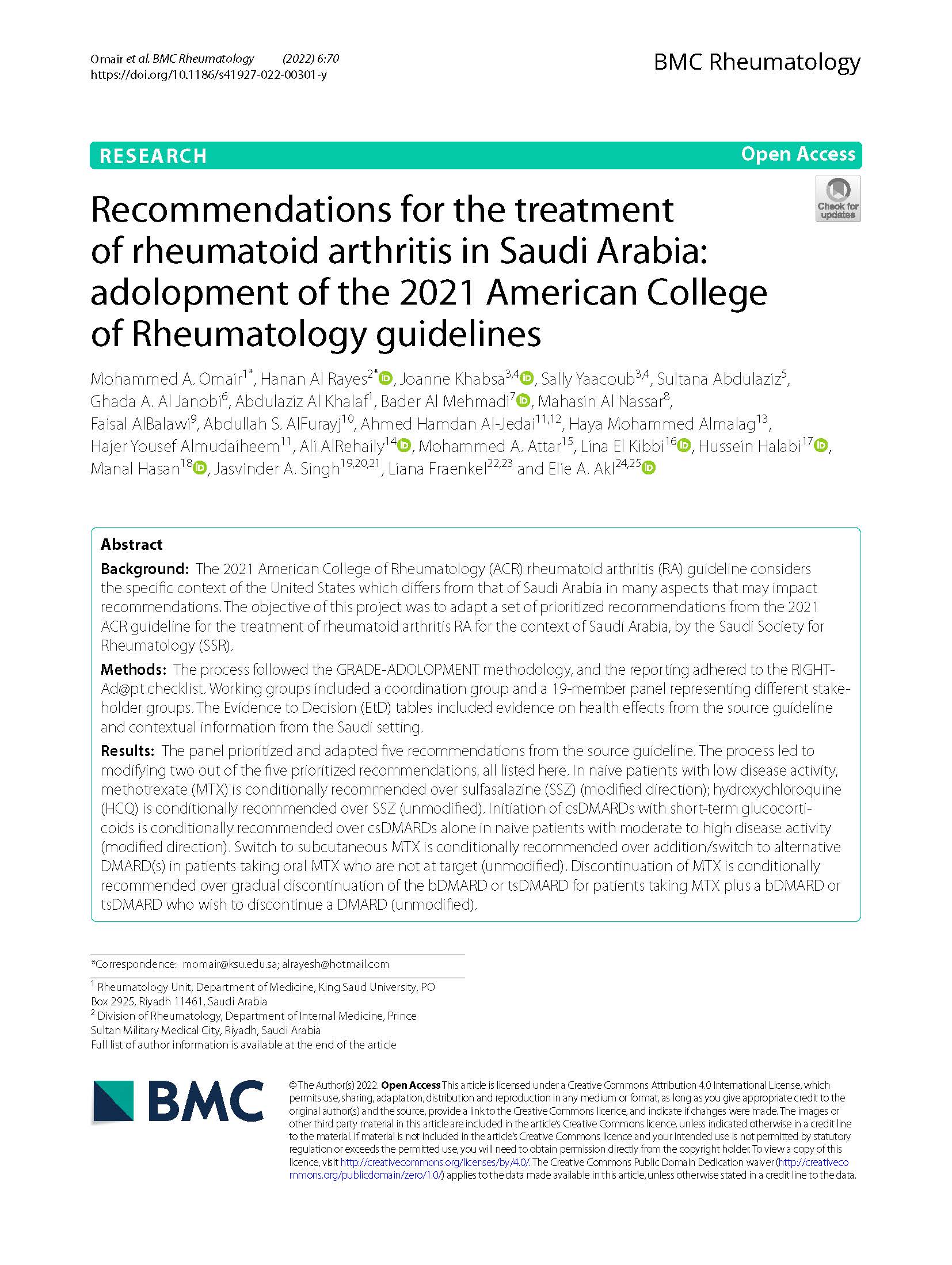 Recommendations for the treatment of rheumatoid arthritis in Saudi Arabia: adolopment of the 2021 American College of Rheumatology guidelines